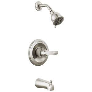 lot 10418 image: Delta Faucet Foundations Brushed Nickel Shower Faucet Set with 2-Spray Brushed Nickel Shower Head, Tub and Shower Trim Kit, Shower Faucet Sets Complete, Stainless BT13410-SS (Valve Not Included) - Retail $78.73