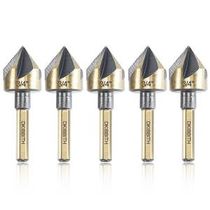 lot 10422 image: Countersink Drill Bit Set, 5 Pieces High Speed Steel 82 Degree 5 Flute 6mm Round Shank Mill Cutter Bit Countersink in Sizes 34in Set with Carrying Case.
