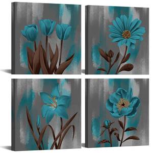 lot 10427 image: Biuteawal Teal Gray Flower Wall Art Painting Turquoise Blue Floral Picture Print on Canvas 4 Panels Still Life Artwork Home Kitchen Bedroom Bathroom Decor Gift Stretched Ready to Hang