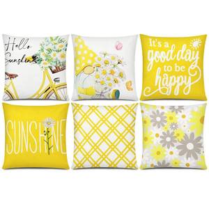 lot 10432 image: Summer Yellow Pillow Covers 18x18 Set of 6 Decorative Gnome Daisy Flower Throw Pillow Cover for Couch Modern Farmhouse Cushion Cover for Living Room Outdoor Patio Home Decor