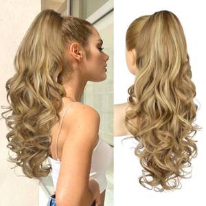lot 10444 image: REECHO Ponytail Extension, 24in Claw Clip in Ponytail Extensions Long Curly Wavy Ponytail Hair Extension Jaw Clip on Pony Tails Hairpiece for Women - Medium Blonde with Blonde Highlights