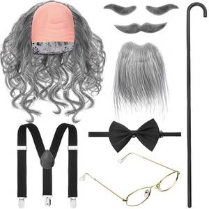 lot 10451 image: WILLBOND 8 Pieces Old Man Costume Grandpa Costume, Wig Walking Cane Glasses Faux Eyebrows Artificial Mustache Suspenders Bow Tie(Dark Gray)