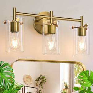 lot 11381 image: Indoi Bathroom Light Fixtures 2024 Upgrade, 3-Light Brass Vanity Light, Black Bathroom Lights Over Mirror with Clear Glass Shade, Wall Sconces for Mirror Bedroom Living Room Hallway