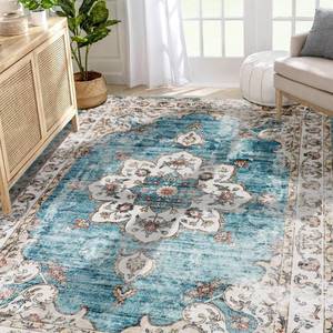 lot 11386 image: Mcadore Machine Washable Rug 5x7 Area Rugs for Living Room Boho Vintage Design Rug for Bedroom, Kitchen, Soft Non-Slip Indoor Rug, Denim BlueTaupe-Print Design