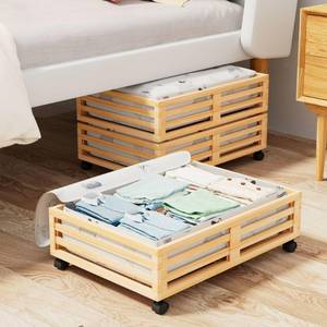 lot 11408 image: Bamboo Under Bed Storage Containers- Underbed Organizer with Wheels with Large Capacity Dust Bag,Sturdy Wood Rolling Under Bed Shoe Storage Organizer 2 Packs (Nature, 2 Packs (23.62in16.54in))