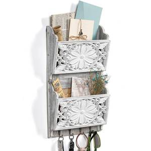 lot 12208 image: Dhmkfly 2-Slot Mail Organizer Wall Mount with 4 Hooks, Rustic Key and Mail Holder for Home Decorative, Wooden Key Hangers Wall File Organizer Letter Sorter for Letter Magazines