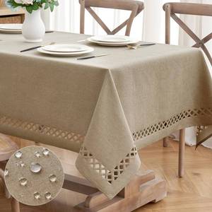 lot 12220 image: MIULEE Beige Thick Polyester Linen Rectangle Tablecloth with Decorative Cutouts Waterproof Stain Resistant Table Cloth Burlap Farmhouse Table Cover for Dining Party Camping Outdoor, 60 x 104 inch