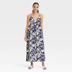 lot 12227 image: Womens Seersucker Maxi A-Line Dress - A New Day� Navy Floral M Sleeveless V Neck, Adjustable Straps