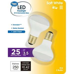 lot 12238 image: Great Value Dimmable R14 LED Directional Floodlight 3.5W (25W Equivalent) E17 Base Soft White 2 PK