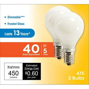lot 12253 image: Great Value LED Light Bulb 4W (40W Eq) A15 Ceiling Fan Frosted E17 Base Dim Soft White 2-Pack