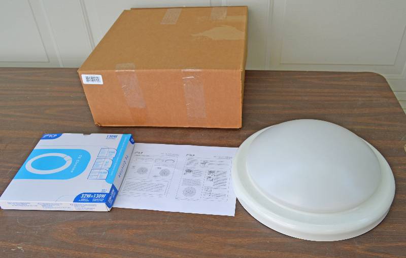 lot 4037 image: White Light Fixture with Fluorescent Bulb - New in Box - 13.5 diameter