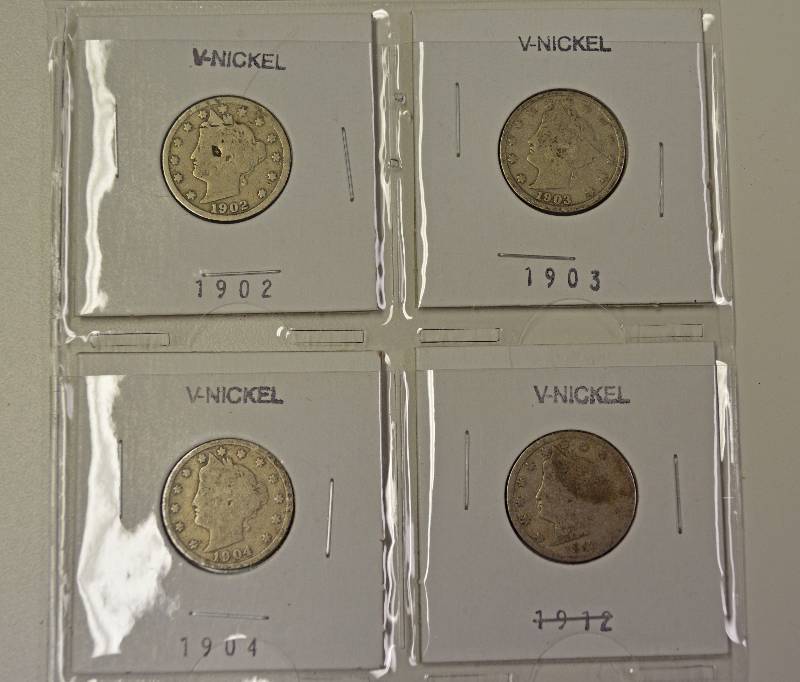 lot 4019 image: Lot of 4 V-Nickels - 1902, 1903, 1904, 1912