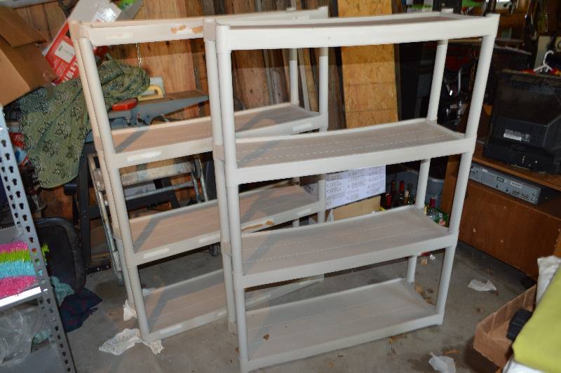 lot 4190 image: 2 Plastic Shelves- One is Damaged- Each Measures 39 Wide x 54 Tall x 12 Deep