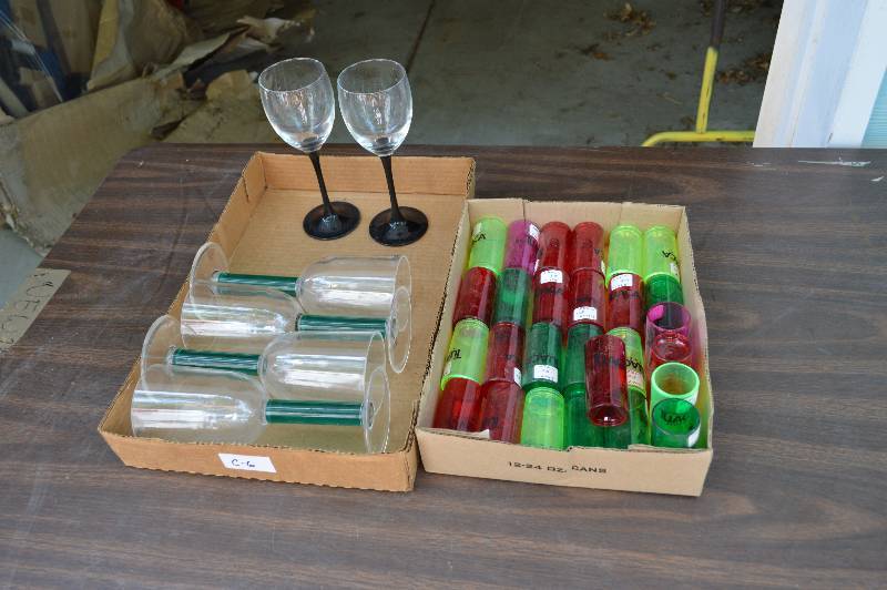 lot 4194 image: Lot of 27 Shot Glasses, 2 Glasses, and 4 Plastic Stemware- Wow