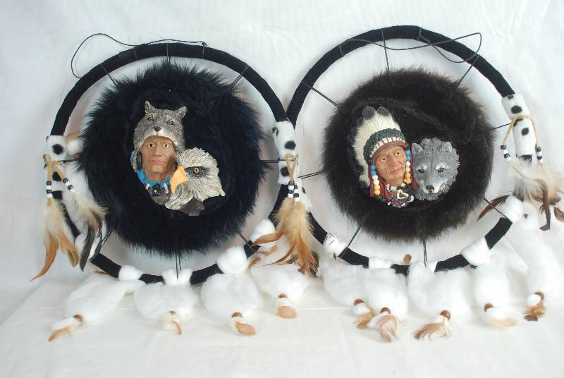 lot 2049 image: Lot of 2 Unique Dream Catchers w Native American Indian Chiefs and Wolves - see pics