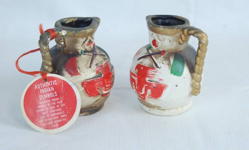 Lot Of Two Small Ceramic Pots W Native American Symbols Very