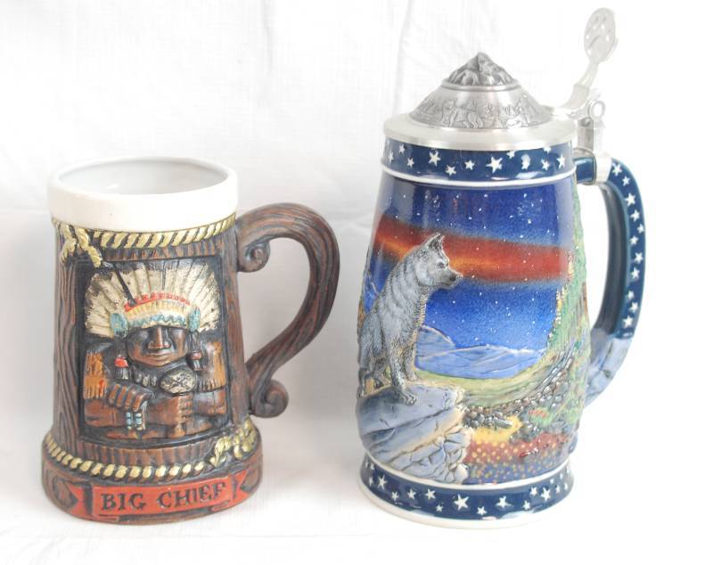 lot 2408 image: Lot of 2 Beer Steins - Native American Indian Theme - One Longton Crown - Very Collectible
