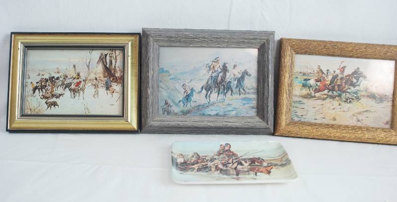 lot 2409 image: Lot of 3 Native American Indian Framed Prints and One Printed Trinket Tray - see pics
