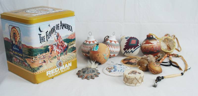 lot 2410 image: Lot of Native American Indian CHRISTMAS ORNAMENTS and a REDMAN Tobaccol Tin - COOL