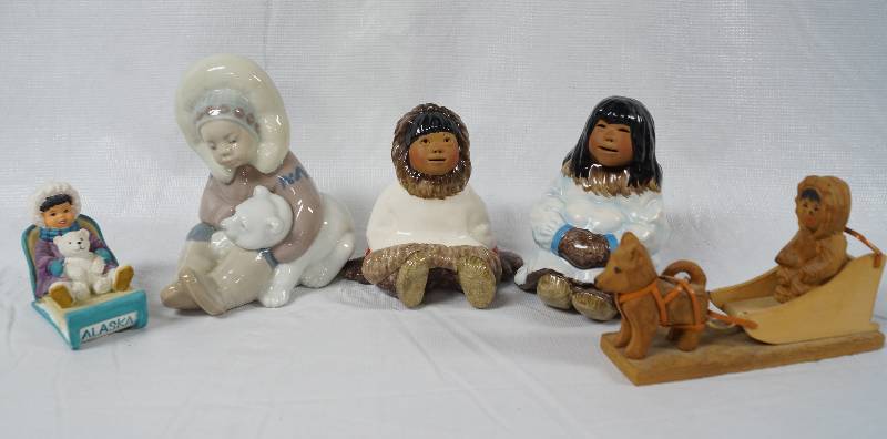 lot 2394 image: LLadro Eskimo Figurine, Eskimo carving of Alaskan Cotton Wood and More Great Eskimo Items - Very collectible lot