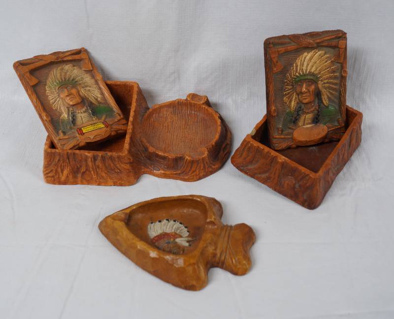 lot 2397 image: Lot of 3 Native American Indian Collectible Ashtray and Covered Ash Tray Boxes - COOL