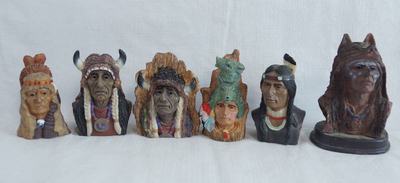 lot 2423 image: Lot of American Indian Chief Bust Figurines - Various Sizes, Styles an Materials See pics - Native Collectibles