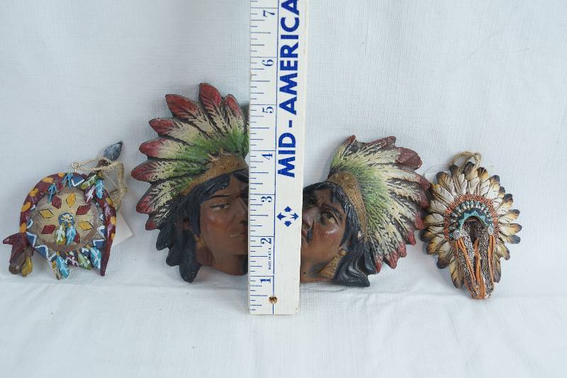 lot 2428 image: Native American Indian Chief and Head Dress  Shield Wall Hangers - See pics