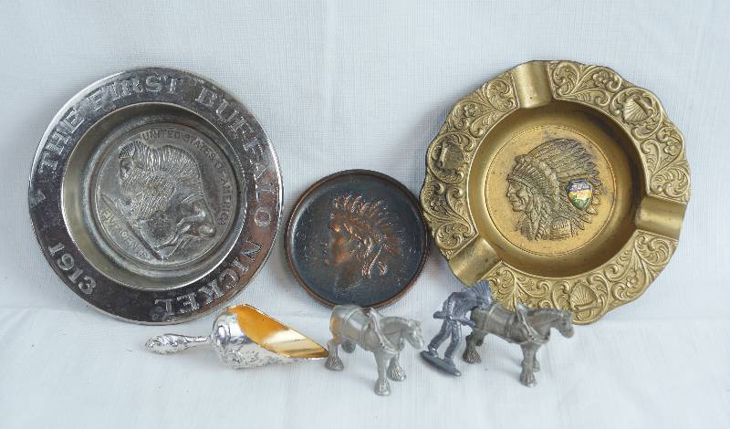 lot 2440 image: Vintage Ash Trays - First Buffalo Nickel Replica and Indian Chief Head - Small Metal Figurines and More