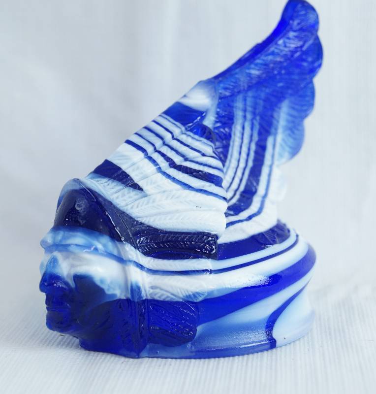 lot 2448 image: Native American Indian Chiefs Head - Very Unique Cobalt and White Blown Glass Carved Figurine - MUST SEE