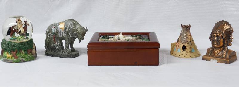 lot 3481 image: Lot of 5 Native American Indian Figurines - SOME METAL Buffalo, Ti-pi, Chiefs Bust, Water Globe and Trinket Box - VERY NICE