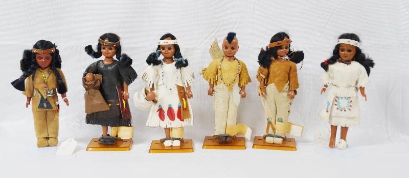 lot 3483 image: Lot of 6 Vintage and More Native American Indian Princess & Chief Dolls - See Pics - Some with Stands - COLLECTIBLE
