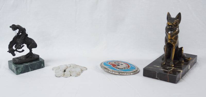 lot 3490 image: Lot of 2 Collectible Belt Buckles, 1 Native American Figurine and 1 Small German Shepherd Statue - See Pics