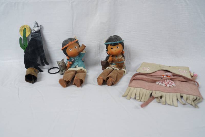 lot 3497 image: Native American Style Pink Purse w Fringe Plus two small Indian Dolls and a Wolf Bell - COOL