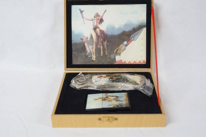 lot 3509 image: Native American Indian Chief - Collectible Pocket Knife & Lighter Set in Original Wooden Keepsake Box - Excellent Condition
