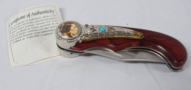 lot 2002 image: Collectible Indian Head Coin Knife w COA