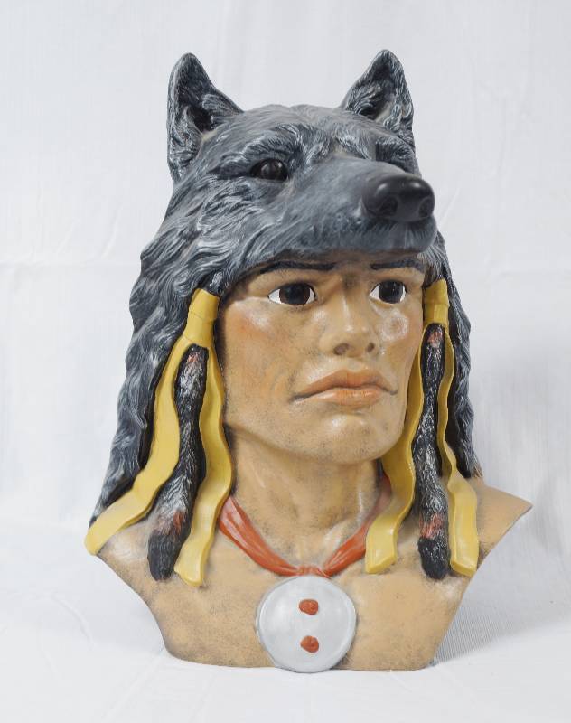 lot 2013 image: Native American Indian Chief - Ceramic Pottery Piece - w wolf hat - NICE