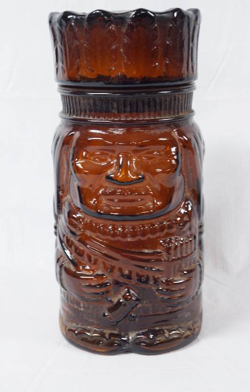 lot 2014 image: Brown Glass Native American Indian Totem Pole Style Jar w stopper lid Decanter - WOW