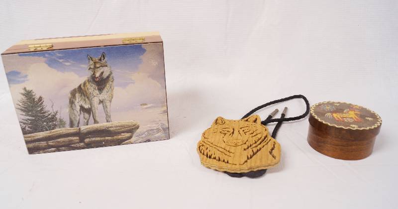 lot 2161 image: Lot of Decorative Boxes and Wooden Craft Wolf - See Photos for Details