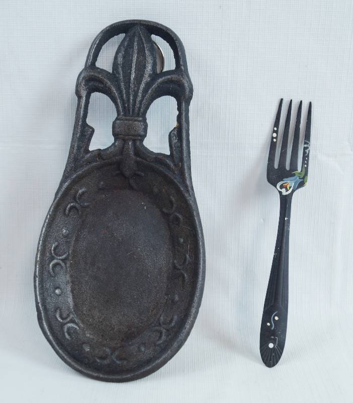 lot 2329 image: Cast Iron Spoon Rest and Painted Fork - Awesome Kitchen Decor