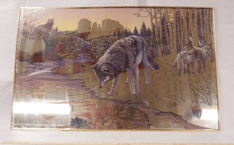 lot 2180 image: Wolf Decorated Framed Mirror - Very Cool