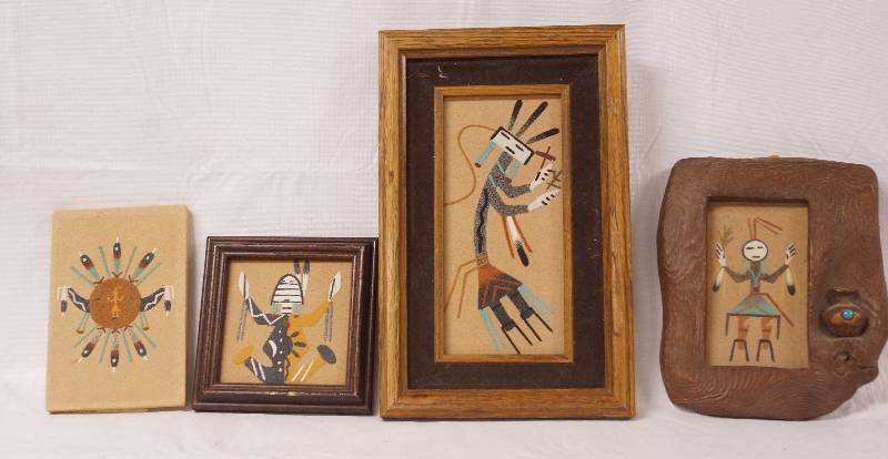 lot 2200 image: Lot of 4 Native American Indian Kachina Sand Paintings - Very Cool