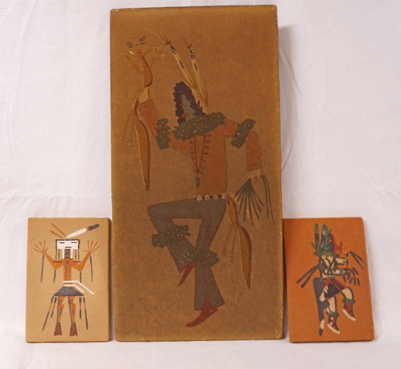 lot 2201 image: Lot of 3 Native American Indian Kachina Sand Paintings