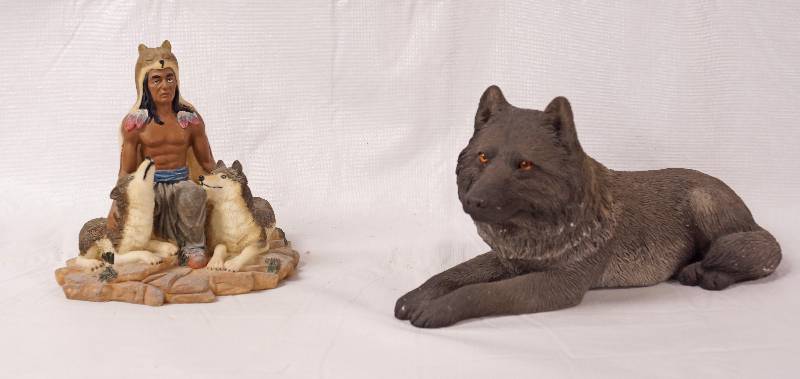 lot 2211 image: Native American and Wolf Figurine - See Photos for Details