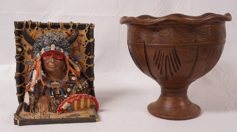 lot 2213 image: Native American Statuette and Wooden Bowl - Very Cool