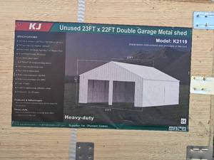 lot 7702 image: KJ Double Garage Metal Shed Model K2119 23x22ft Cream