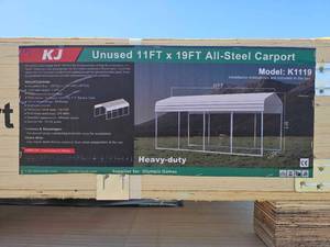 lot 7704 image: KJ K1119 11x19 FT Heavy-Duty All-Steel Carport, Cream