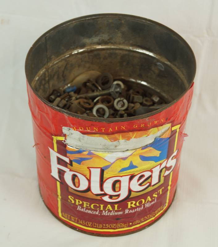 lot 2457 image: Metal Folgers Can Full of Nuts, Bolts, Washers, Etc -- 9 lbs Very Handy
