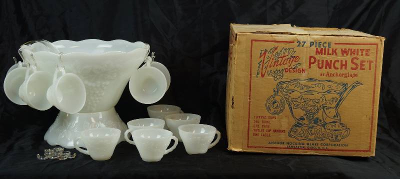 lot 2469 image: Anchor Hocking MILK WHITE PUNCH SET by Anchorglass - Gorgeous set w original box