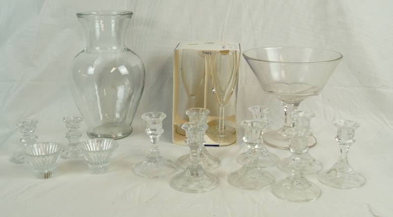 lot 6414 image: Lot of Glassware - Vases, Taper Candle Holders, Etc ....