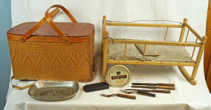 lot 6521 image: Lot of Vintage Items - Toy Crib, Old Silverware, Glasses Case, Basket and More